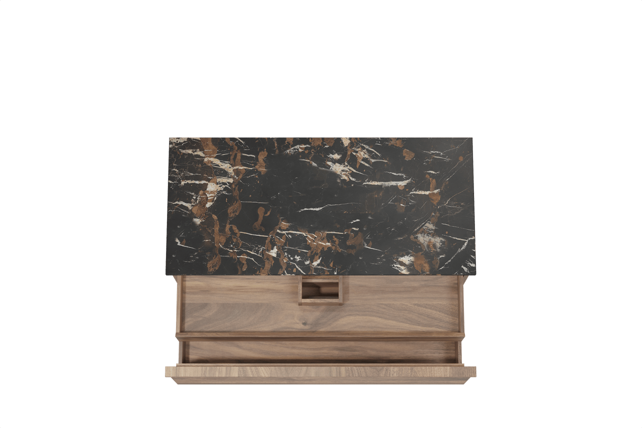 Balmani Forma zwevend badmeubel 120 x 55 cm amerikaans notenhout met Stretto enkel wastafelblad in marmer portoro gold, Horizontale symmetrische rechte ribbel