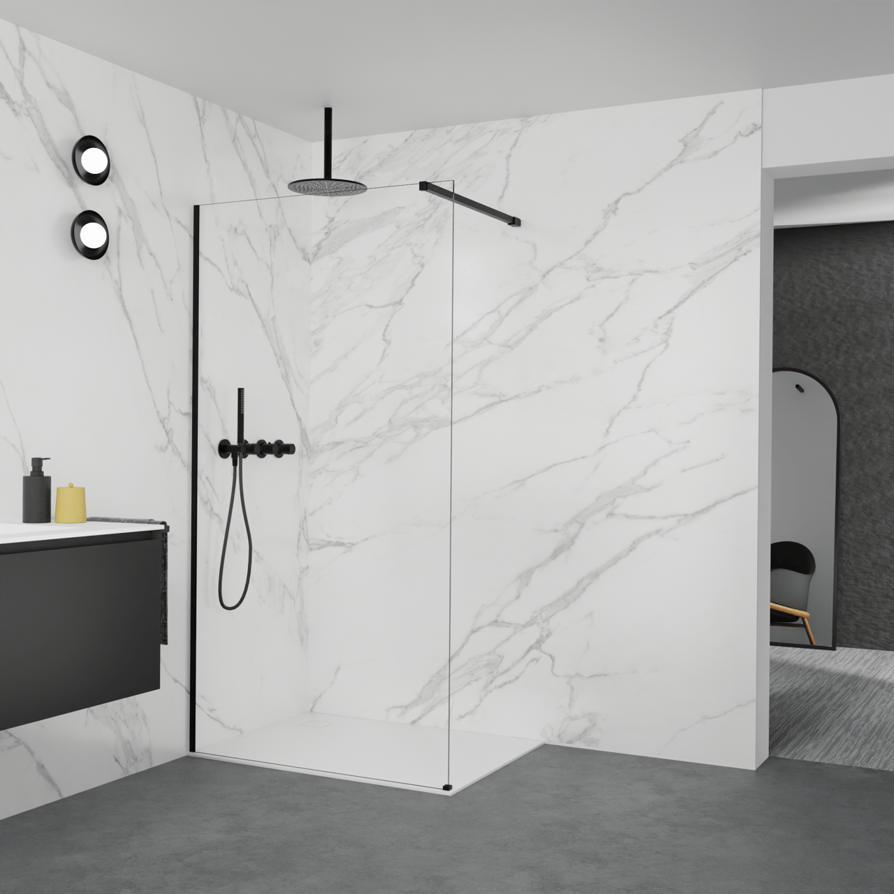 Balmani Modular douche à l'italienne: 110 x 200 cm, Verre transparent, avec coating, Profil Noir mat