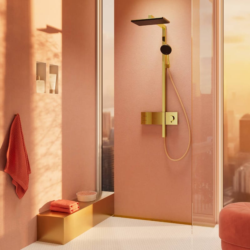 Hansgrohe Raindance Alive Q Showerpipe colonne de douche pluie 210/340 2 fonctions de jet avec Ecosmart Showerselect Comfort polished gold optic