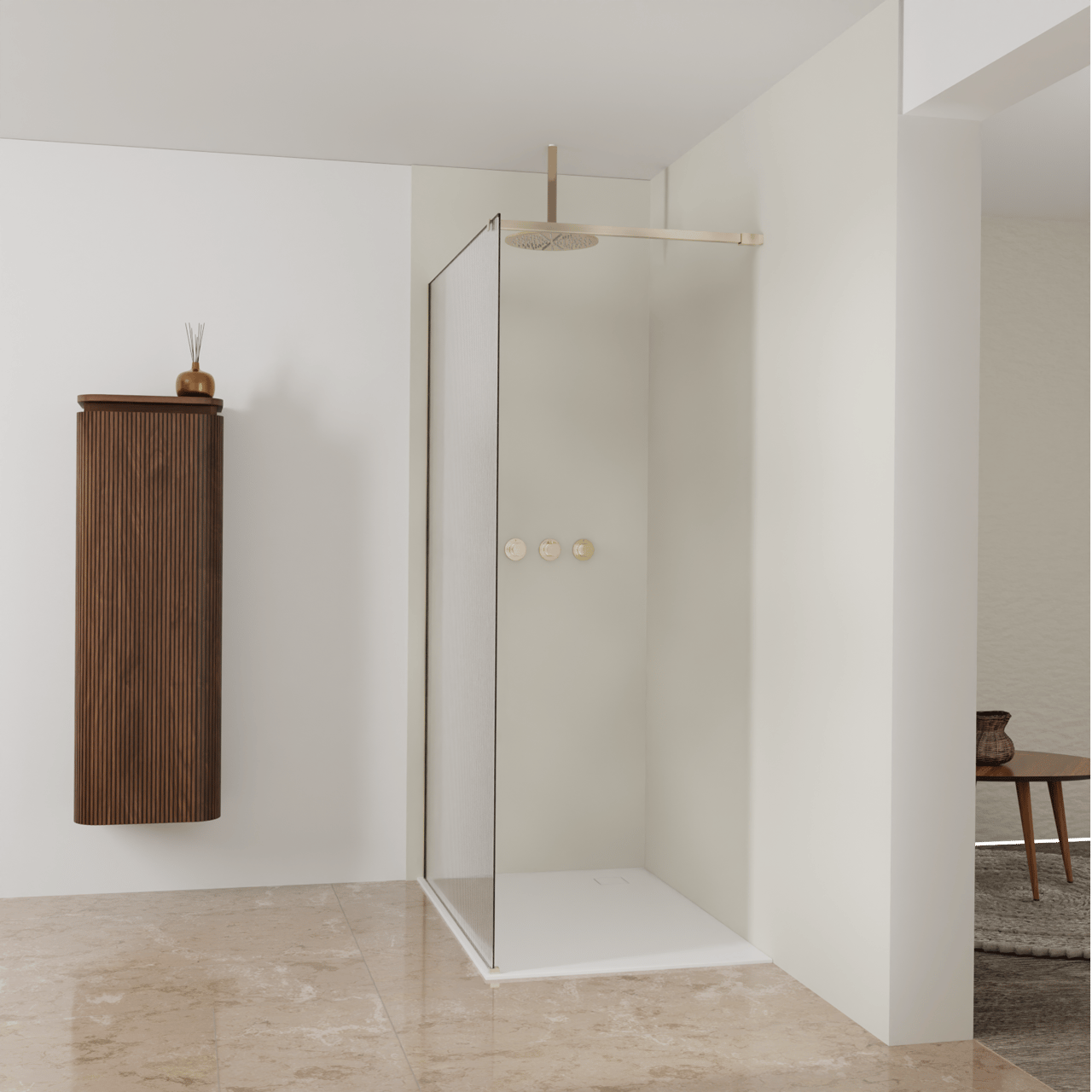 Balmani Modular Walk-In Dusche: 120 x 200 cm, Ribs, inklusive Coating, Profil Brushed Champagne Gold