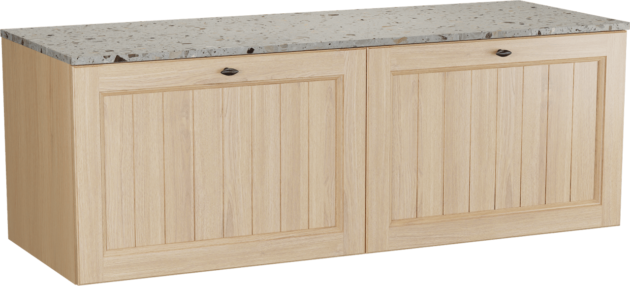 Balmani Lemon zwevend badmeubel 150 x 55 cm, fineer naturel eiken met Stretto enkel of dubbel wastafelblad in greige terrazzo
