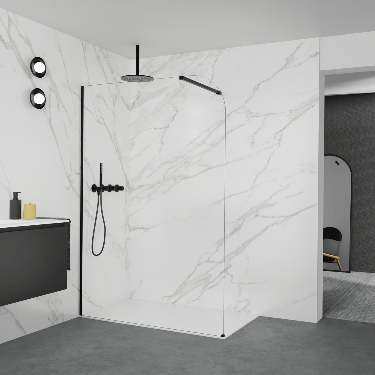 Balmani Modular inloopdouche: 140 x 200 cm, Helder glas afgerond met coating, Mat zwarte profielen
