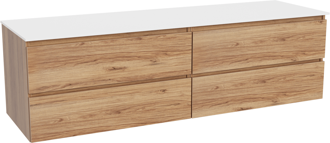 Balmani Lucida meuble salle de bains suspendu 180 x 55 cm teck avec Stretto tablette simple ou double en solid surface blanc mat