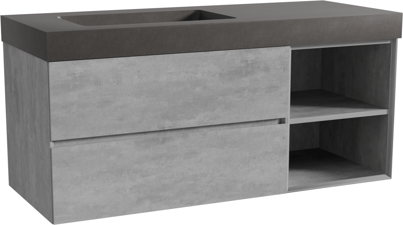 Storke Edge zwevend badkamermeubel 130 x 52 cm beton donkergrijs met Scuro High asymmetrisch linkse wastafel in kwarts mat zwart