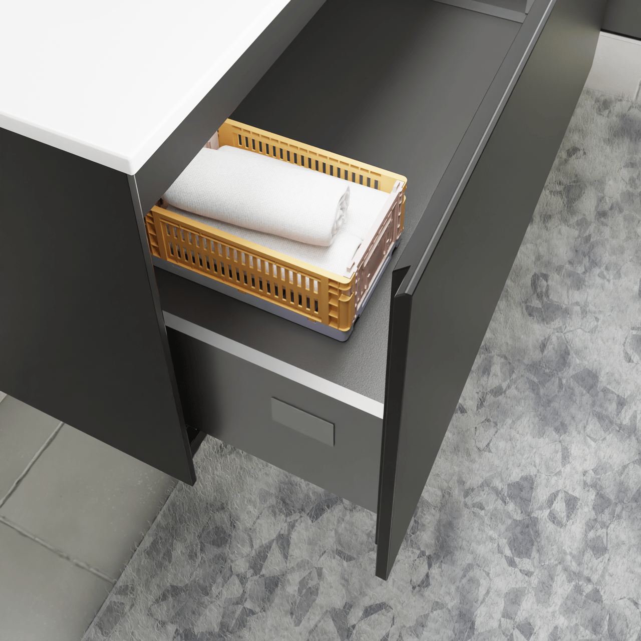 Storke Edge meuble salle de bains suspendu 110 x 52 cm noir mat avec Mata plan vasque asymétrique à droite en solid surface blanc mat