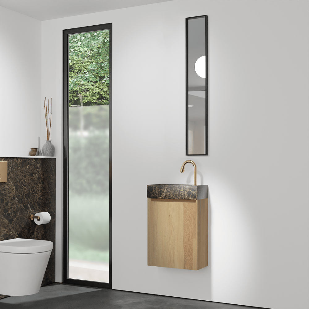 Balmani Mitra hängendes WC-Möbel-Set, 42 x 21 cm, Eiche Natur, mit Dama Waschtisch in Dark Emperador Marmor