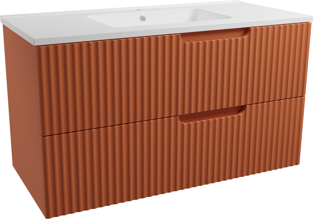 Linie Ribbo zwevend badkamermeubel 100 x 46 cm cotto met Vano enkele wastafel in composietmarmer mat wit, Verticale symmetrische ronde ribbe, Montro spiegelkast en Ribbo badkamerkast
