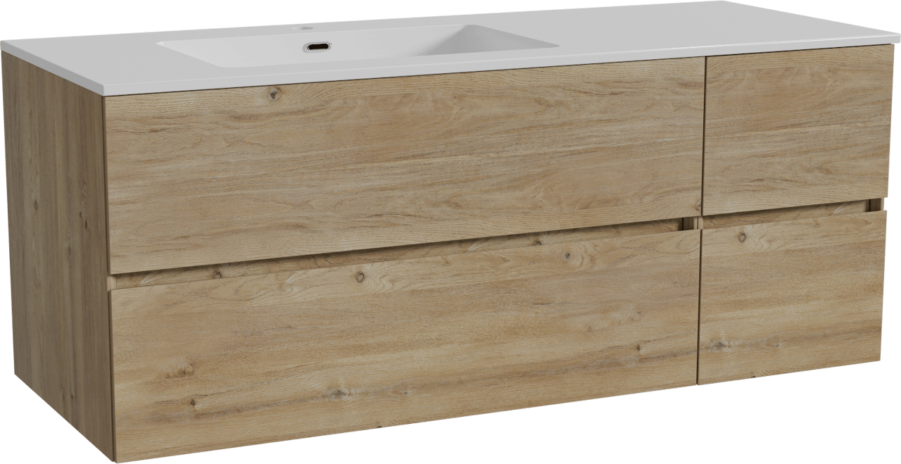 Storke Edge zwevend badkamermeubel 130 x 52 cm ruwe eik met Diva asymmetrisch linkse wastafel in composietmarmer glanzend wit