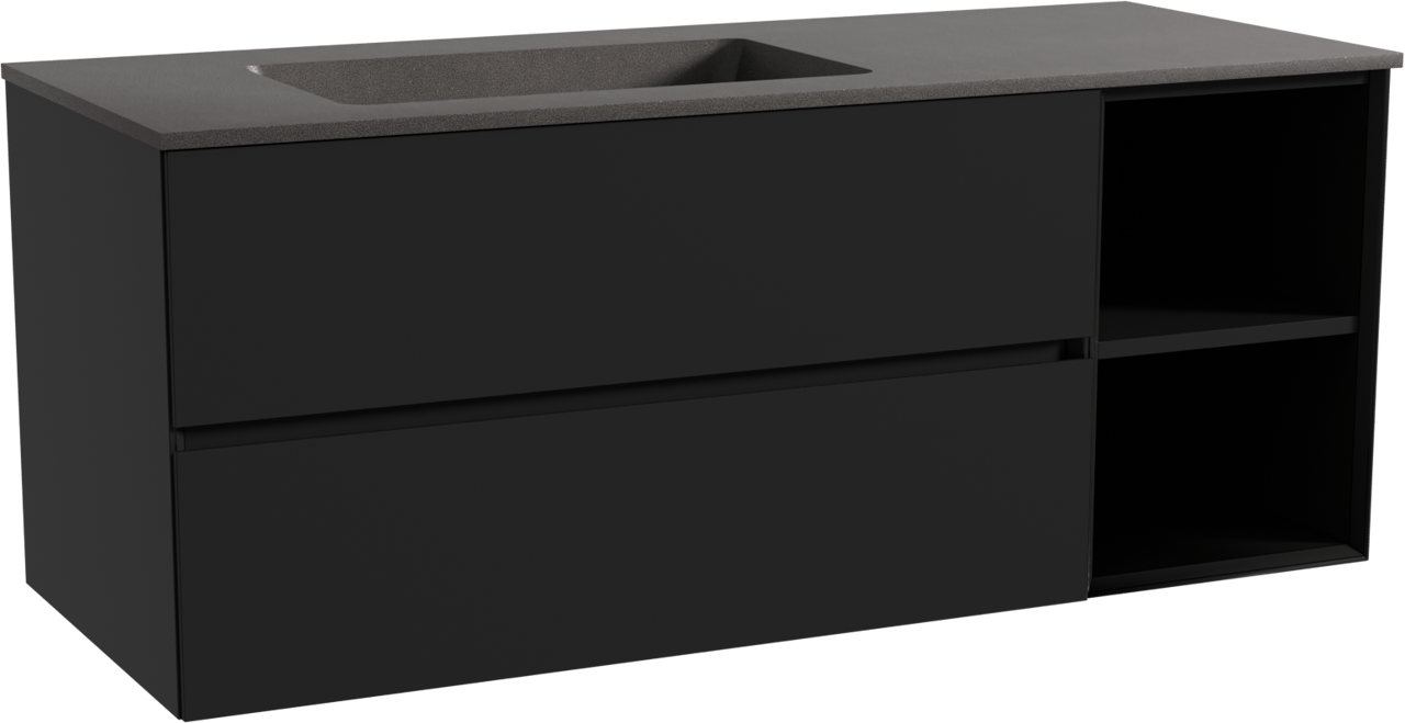 Storke Edge meuble salle de bains suspendu 130 x 52 cm noir mat avec Scuro plan vasque asymétrique à gauche en quartz noir mat