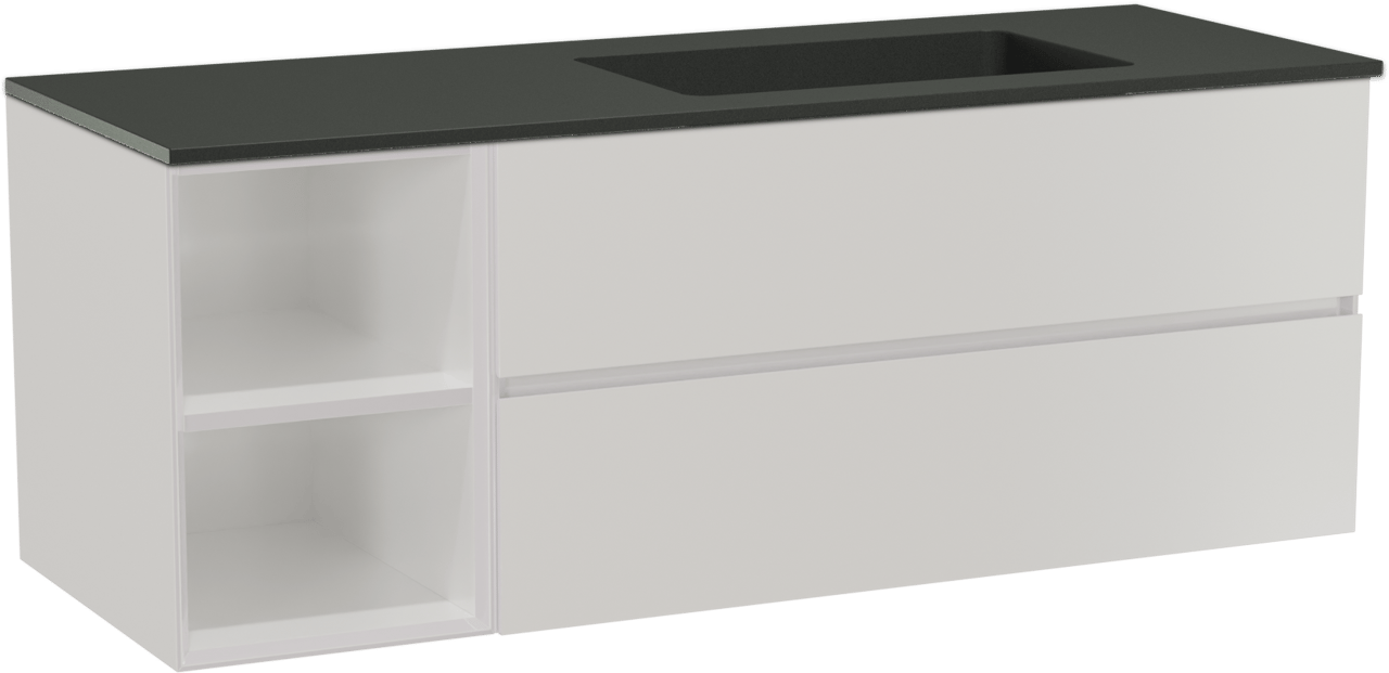 Storke Edge meuble salle de bains suspendu 140 x 52 cm blanc brillant avec Scuro plan vasque asymétrique à droite en quartz noir mat