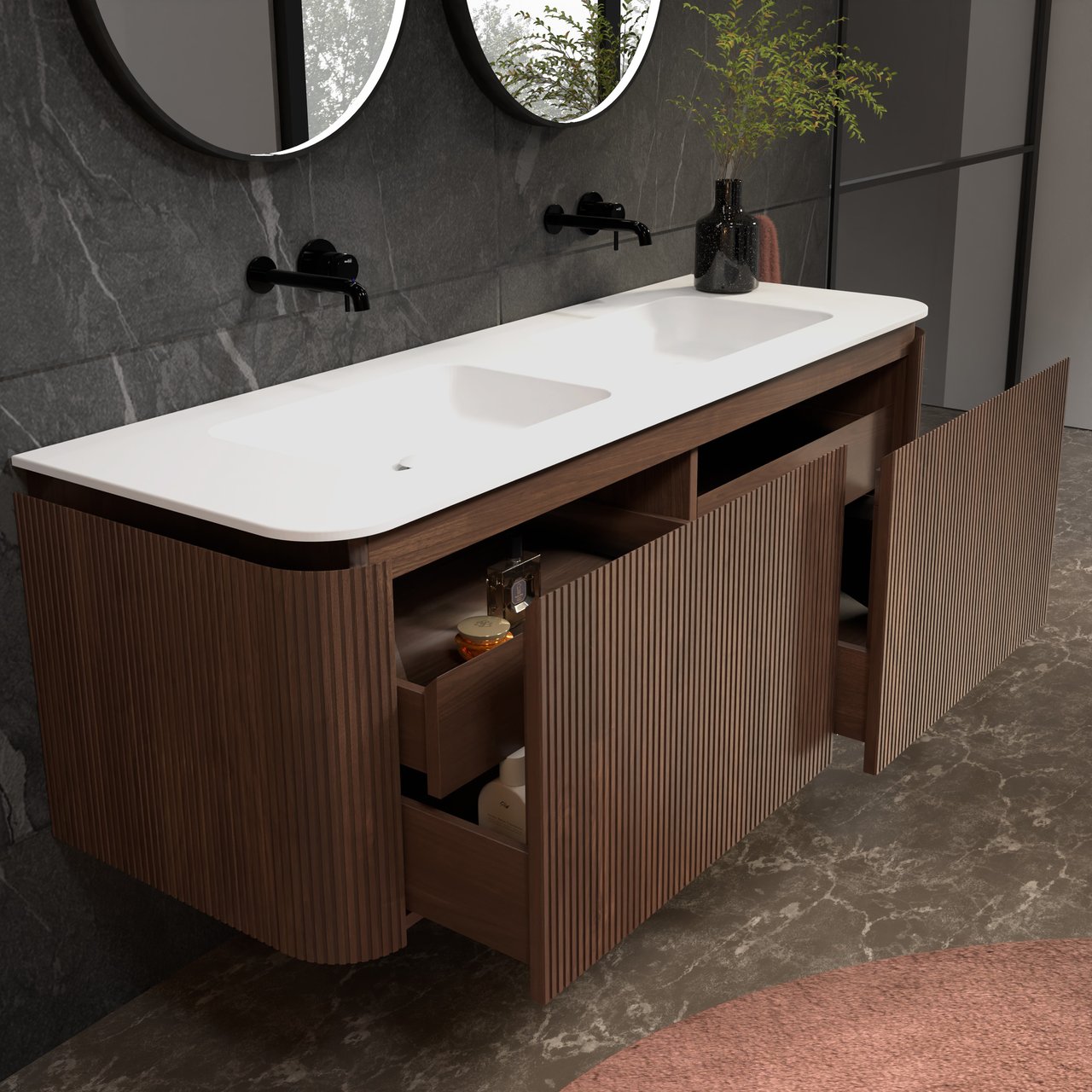 Balmani Moon zwevend badkamermeubel 160 x 55 cm amerikaanse notelaar met Moon dubbele wastafel in solid surface mat wit, Verticale symmetrische rechte ribbel