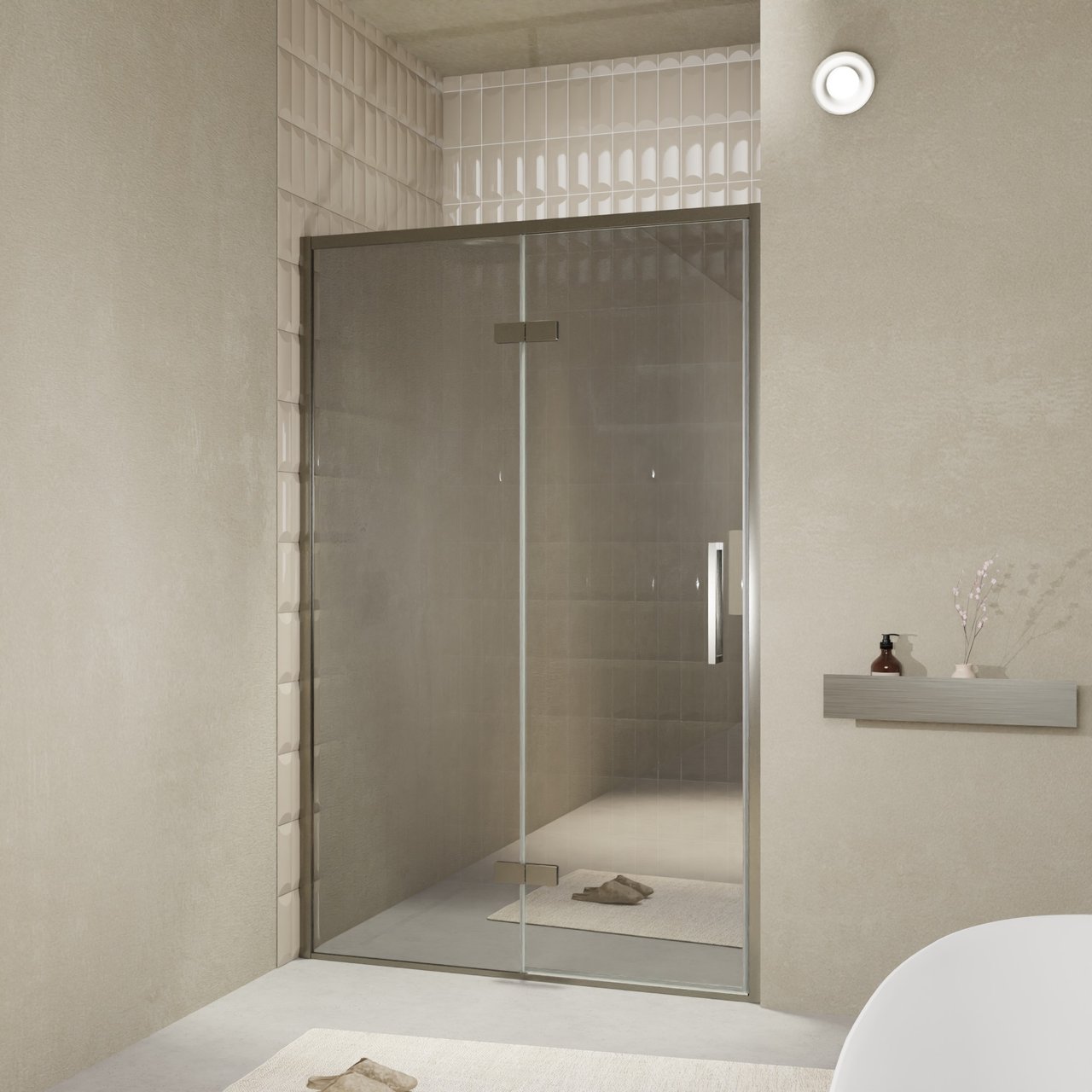 Balmani Senses Design porte pivotante à gauche 140 cm x 210 cm verre Miroir Reflex, Profil Brushed GunMetal, coating inclus