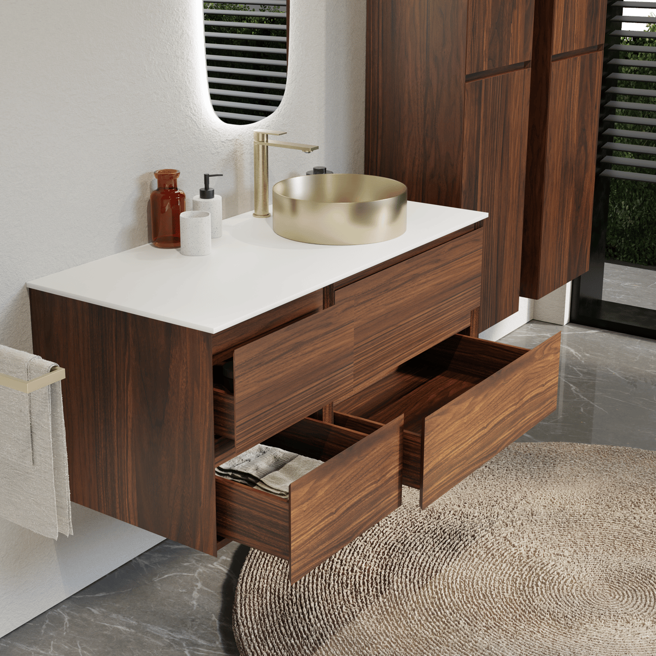 Balmani Mitra meuble salle de bains suspendu 120 x 55 cm noyer avec Stretto tablette simple ou double en solid surface blanc mat