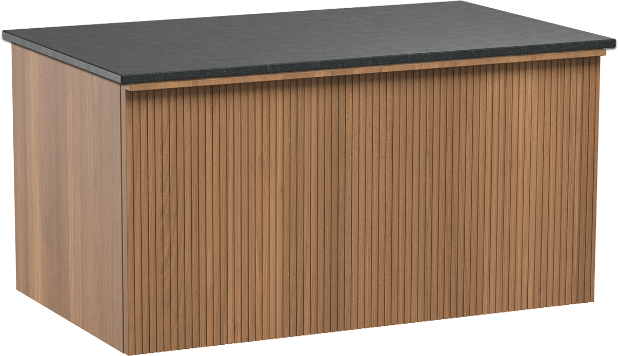 Balmani Forma hängendes Möbelstück Set: 90 x 55 cm, Teak, mit Stretto Einzel Waschtischplatte, Granit, Schwarzes Granit, Vertikale symmetrische gerade Rippe