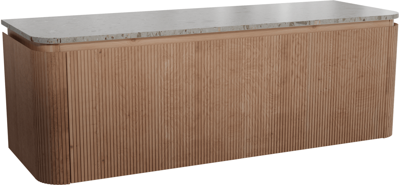 Balmani Moon zwevend badkamermeubel 160 x 55 cm natuur eik met Moon enkel of dubbel tablet in terrazzo greige terrazzo, Verticale symmetrische rechte ribbel