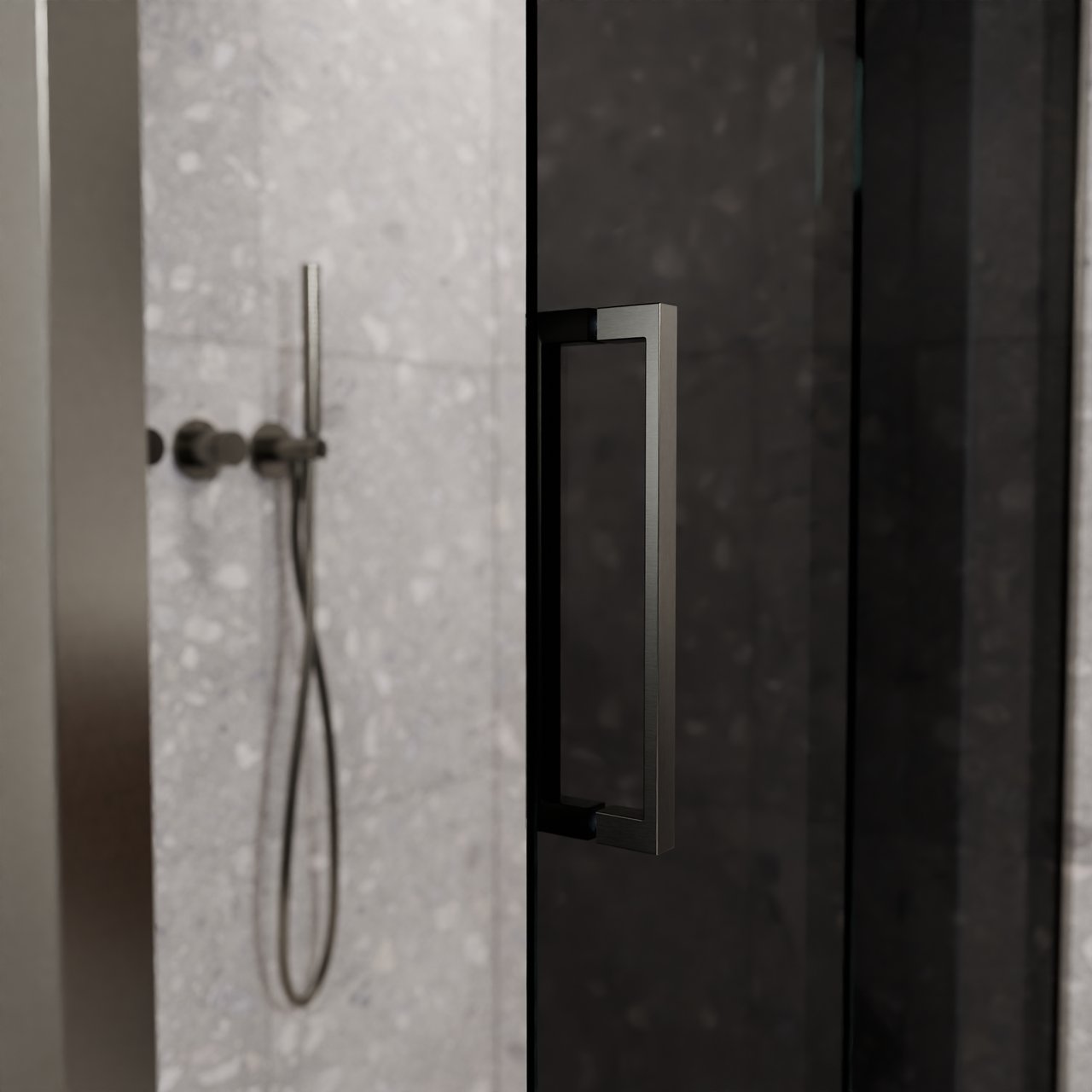 Balmani Senses Design douchehoek met rechtse schuifdeur en vaste zijwand, 160 x 90 cm, Rookglas, Brushed GunMetal profielen