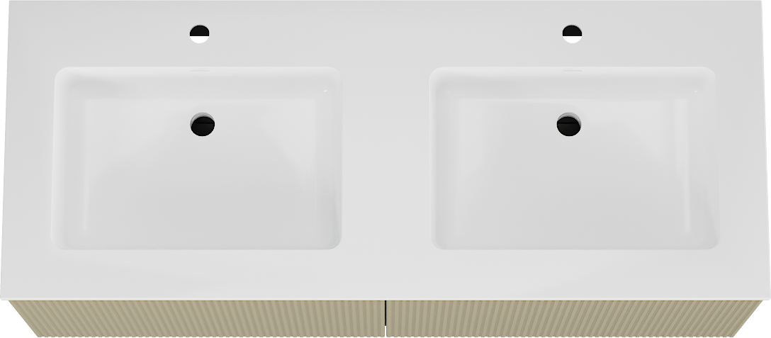 Storke Ribs meuble salle de bains suspendu 130 x 52 cm soie grise avec Bilia double vasque en marbre composite blanc brillant, Nervure droite symétrique verticale
