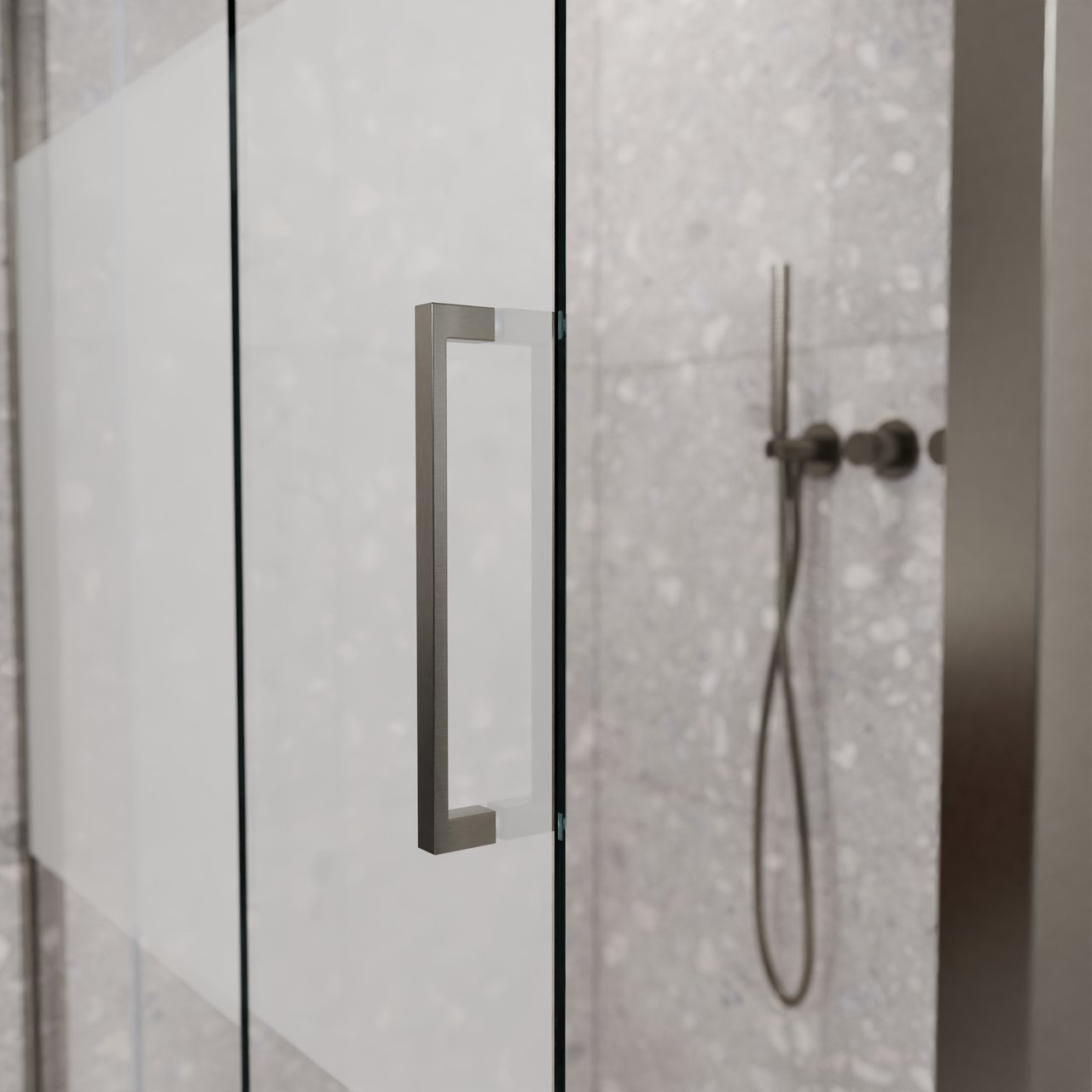 Balmani Senses Design Eckdusche: Schiebetür (Links) mit fixierte Seitenwand, 140 x 90 cm, Klarglas mit mattiertem Streifen, Profil Brushed GunMetal