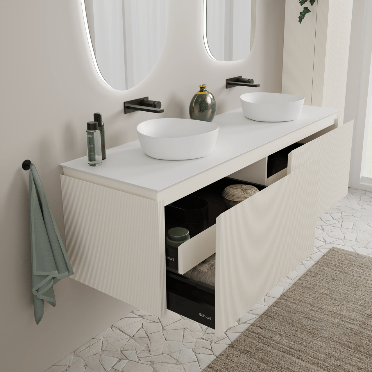 Balmani Eclips zwevend badkamermeubel 180 x 55 cm Sandbeige met Eclips enkel of dubbel tablet in Solid Surface mat wit, Verticale symmetrische rechte ribbel
