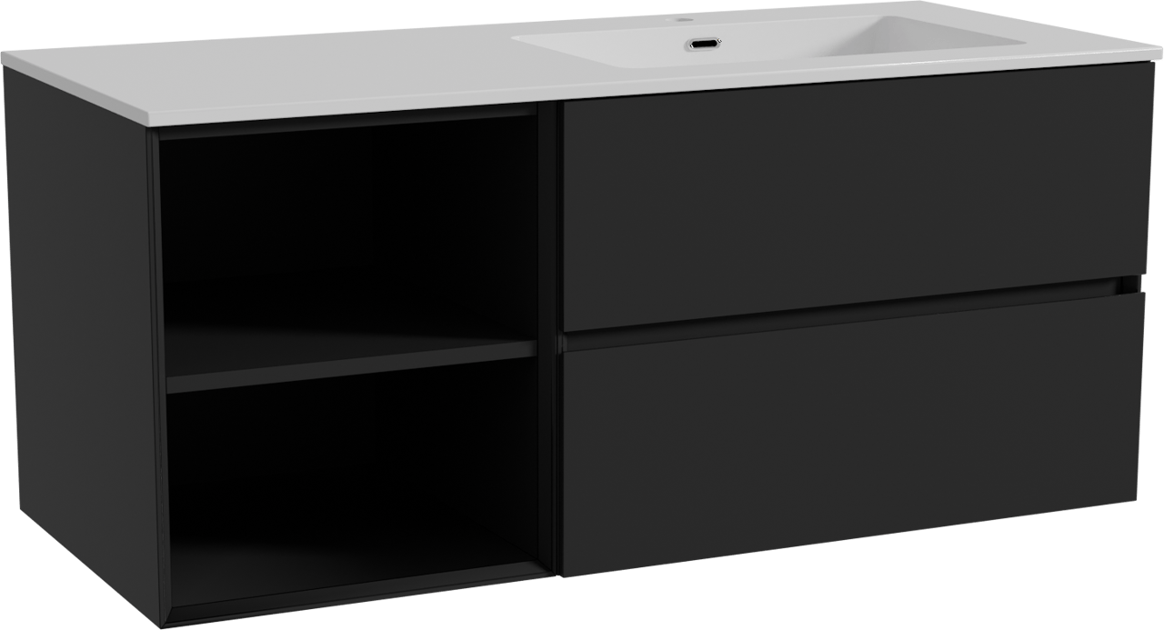Storke Edge meuble salle de bains suspendu 120 x 52 cm noir mat avec Diva plan vasque asymétrique à droite en marbre composite blanc brillant