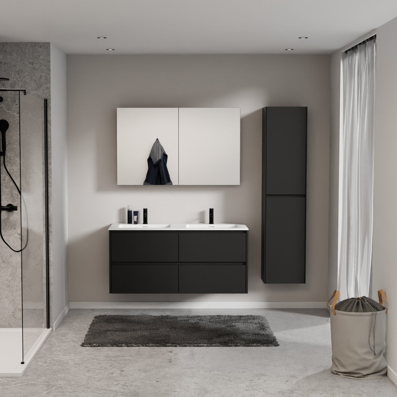 Storke Seda zwevend badkamermeubel 130 x 52 cm mat zwart met Mata dubbele wastafel in solid surface mat wit