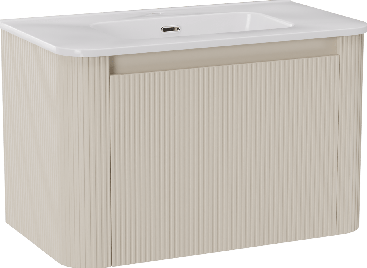 Storke Soft zwevend badkamermeubel 80 x 46 cm Sand mat met Kera Soft enkele wastafel in porselein glanzend wit, Verticale symmetrische rechte ribbel