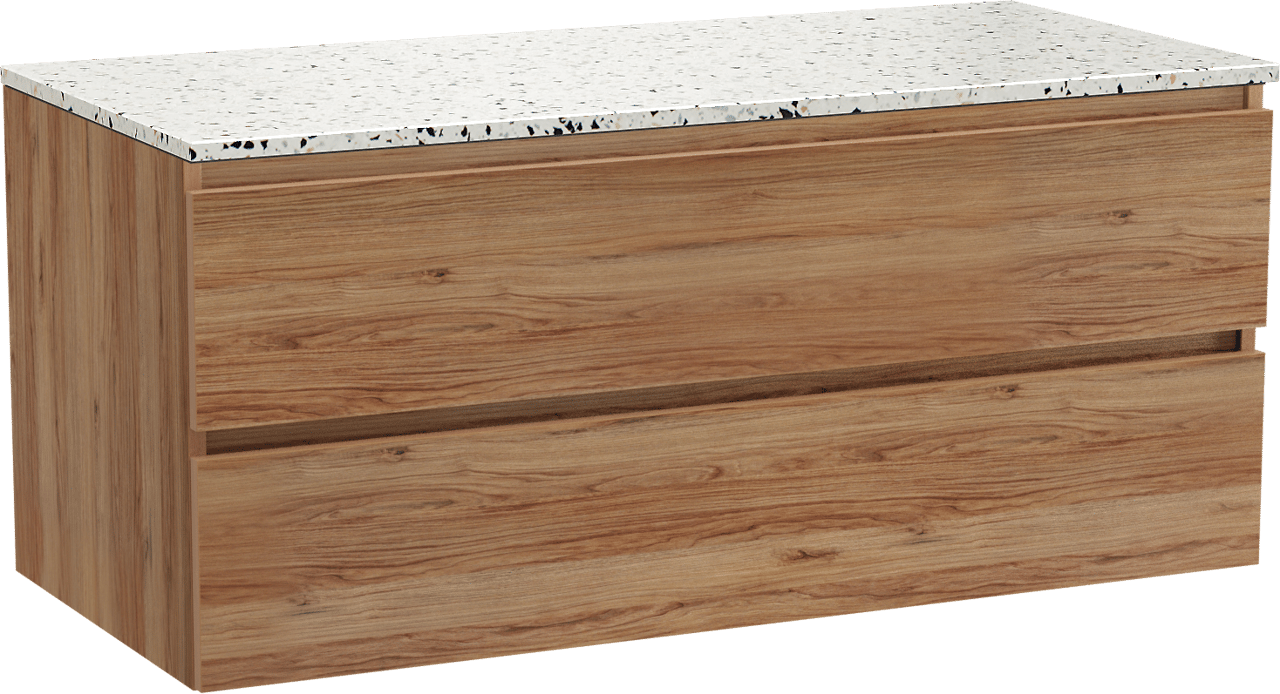 Balmani Lucida meuble salle de bains suspendu 120 x 55 cm teck avec Stretto tablette simple ou double en blanc/noir mat terrazzo