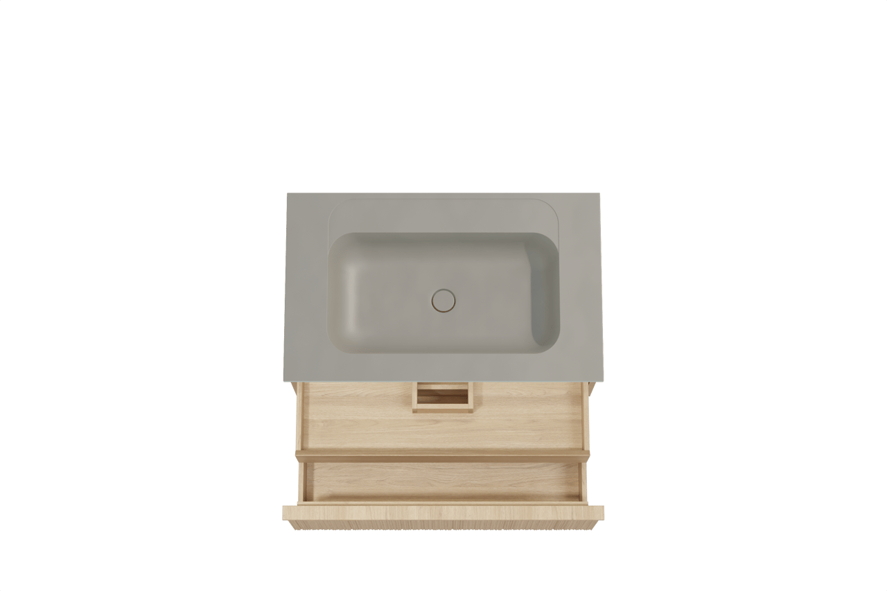 Balmani Forma meuble salle de bains suspendu 90 x 55 cm chêne naturel avec Tablo Strada plan simple en marbre composite soie grise, Nervure circulaire asymétrique verticale