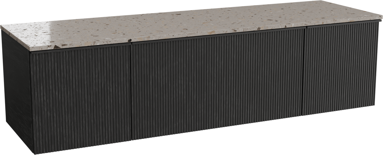 Balmani Forma meuble salle de bains suspendu 180 x 55 cm chêne noir avec Stretto tablette simple ou double en terrazzo greige terrazzo, Nervure droite symétrique verticale