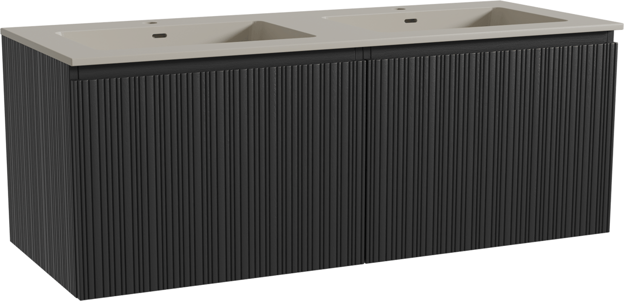 Storke Ribs zwevend badmeubel 130 x 52 cm zwart eiken met Diva dubbele wastafel in top solid zijdegrijs, Verticale asymmetrische rechte ribbel