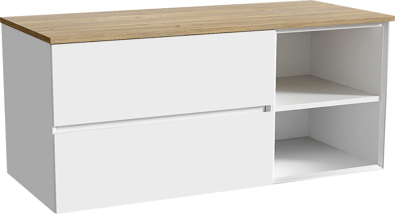 Storke Edge meuble salle de bains suspendu 120 x 52 cm blanc mat avec Panton tablette simple ou double en mélaminé chêne brut