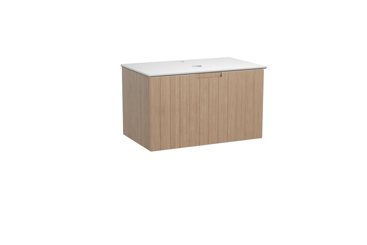 Balmani Adagio zwevend badmeubel 90 x 55 cm verweerd eiken met Facetta enkel wastafelblad in solid surface mat wit