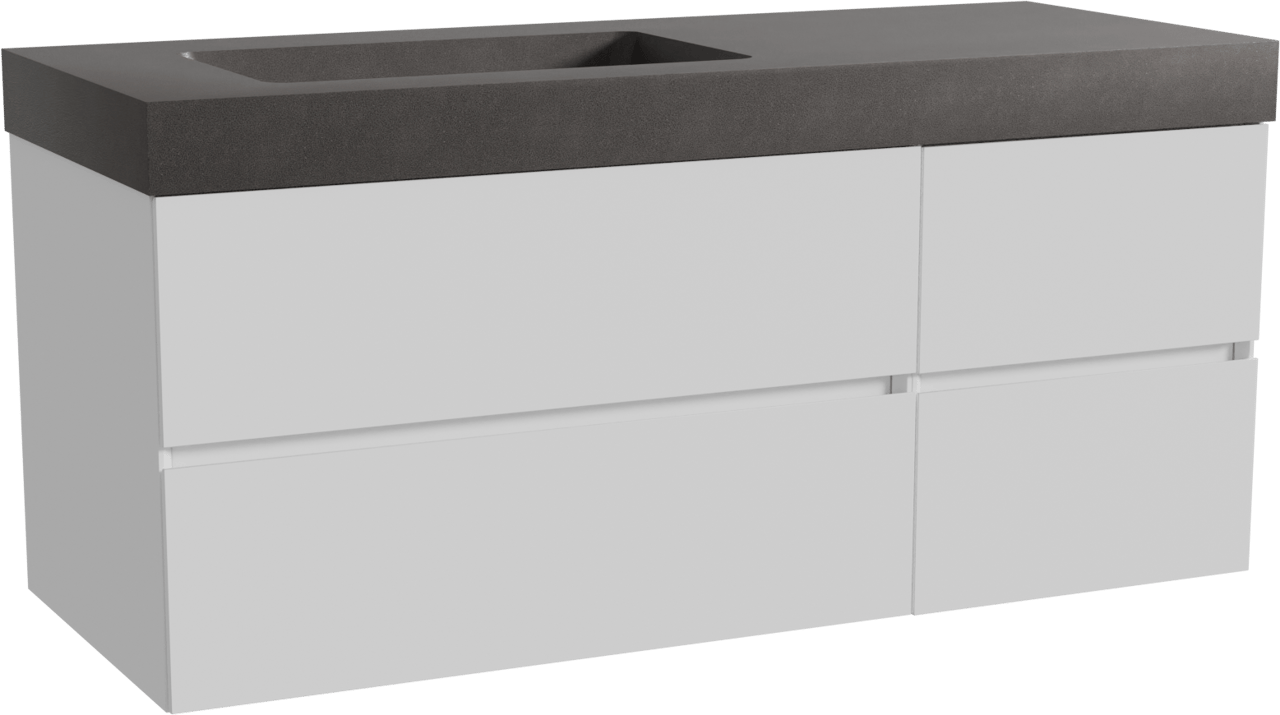 Storke Edge zwevend badkamermeubel 130 x 52 cm mat wit met Scuro High asymmetrisch linkse wastafel in kwarts mat zwart