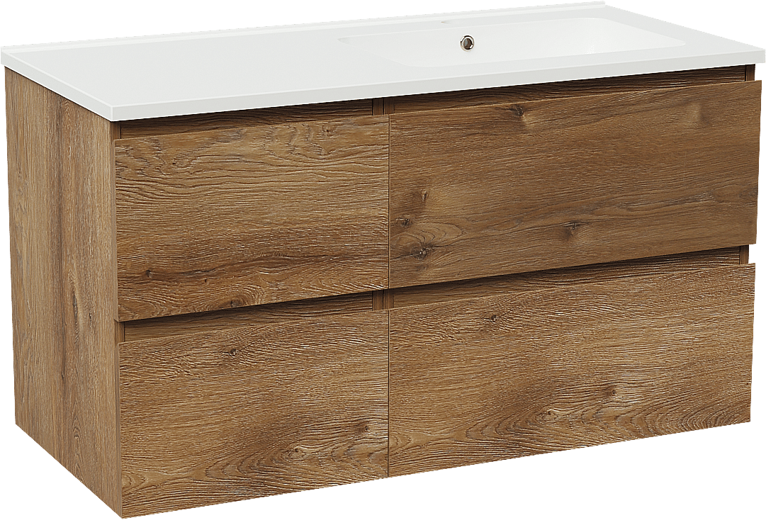 Linie Lado meuble salle de bains suspendu 100 x 46 cm chêne brun avec Vano vasque asymétrique droite en marbre composite blanc brillant