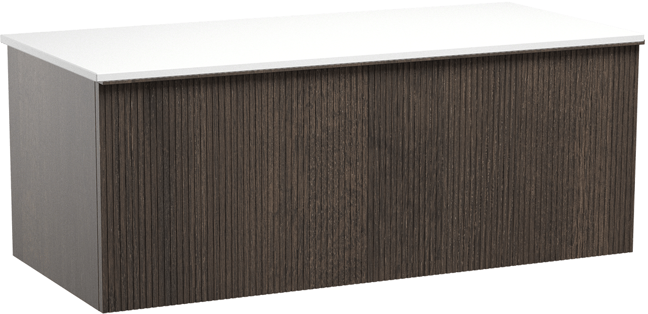 Balmani Forma meuble salle de bains suspendu 120 x 55 cm chêne fumé avec Stretto tablette simple ou double en solid surface blanc mat, Nervure droite symétrique verticale