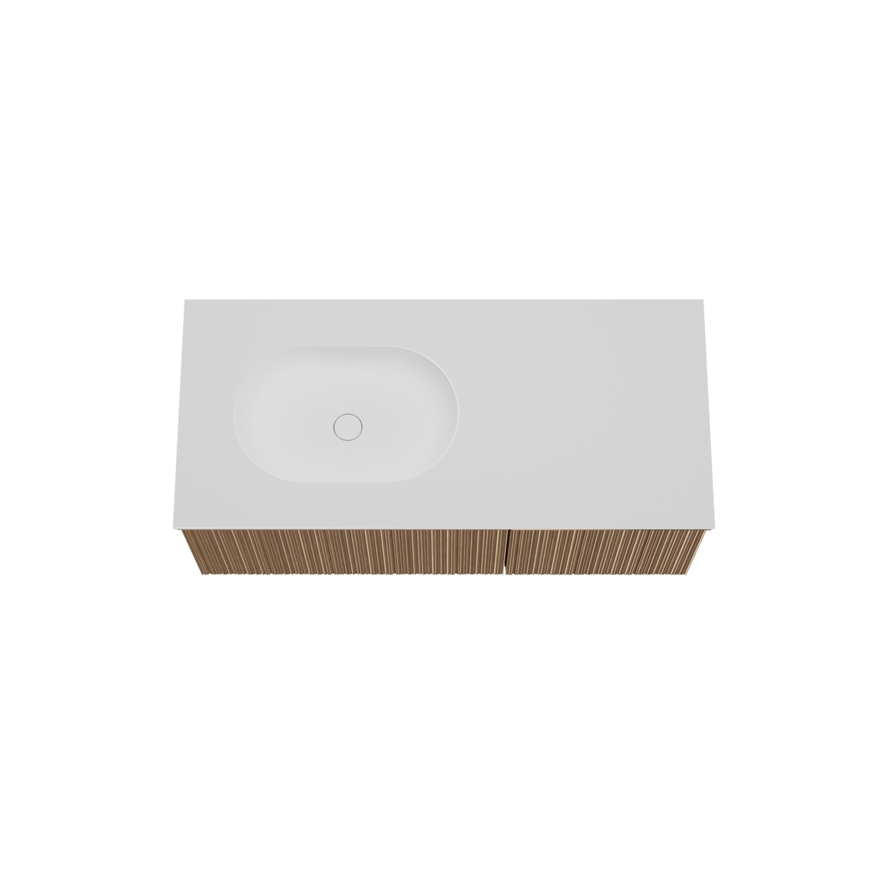 Balmani Forma hängendes Möbelstück Set: 120 x 55 cm, Naturbelassene Eiche, mit Tablo Oval Waschtisch links, Solid Surface, Weiß matt, Vertikale asymmetrische Runde Rippe