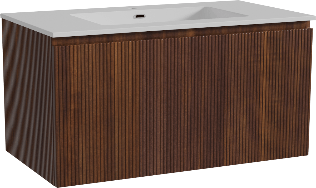 Storke Ribs zwevend badmeubel 95 x 52 cm notenhout met Diva enkele wastafel in composietmarmer hoogglans wit, Verticale symmetrische rechte ribbel