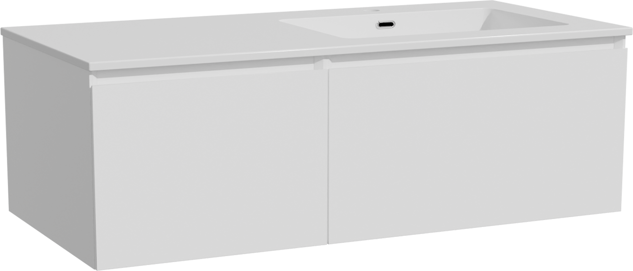 Storke Edge zwevend badmeubel 110 x 52 cm mat wit met Diva asymmetrisch rechtse wastafel in composietmarmer hoogglans wit