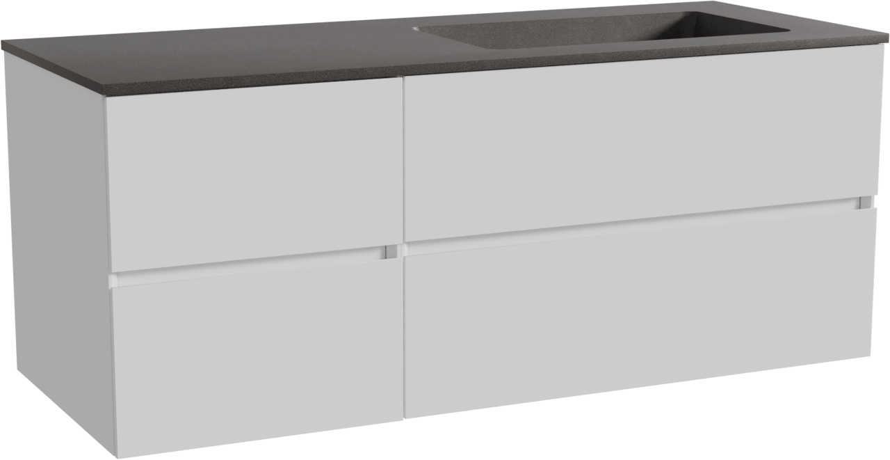 Storke Edge zwevend badmeubel 130 x 52 cm hoogglans wit met Scuro asymmetrisch rechtse wastafel in kwarts mat zwart