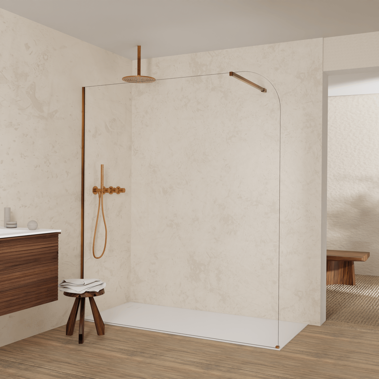 Balmani Modular inloopdouche: 180 x 200 cm, Helder glas afgerond met coating, Brushed Rosegold profielen