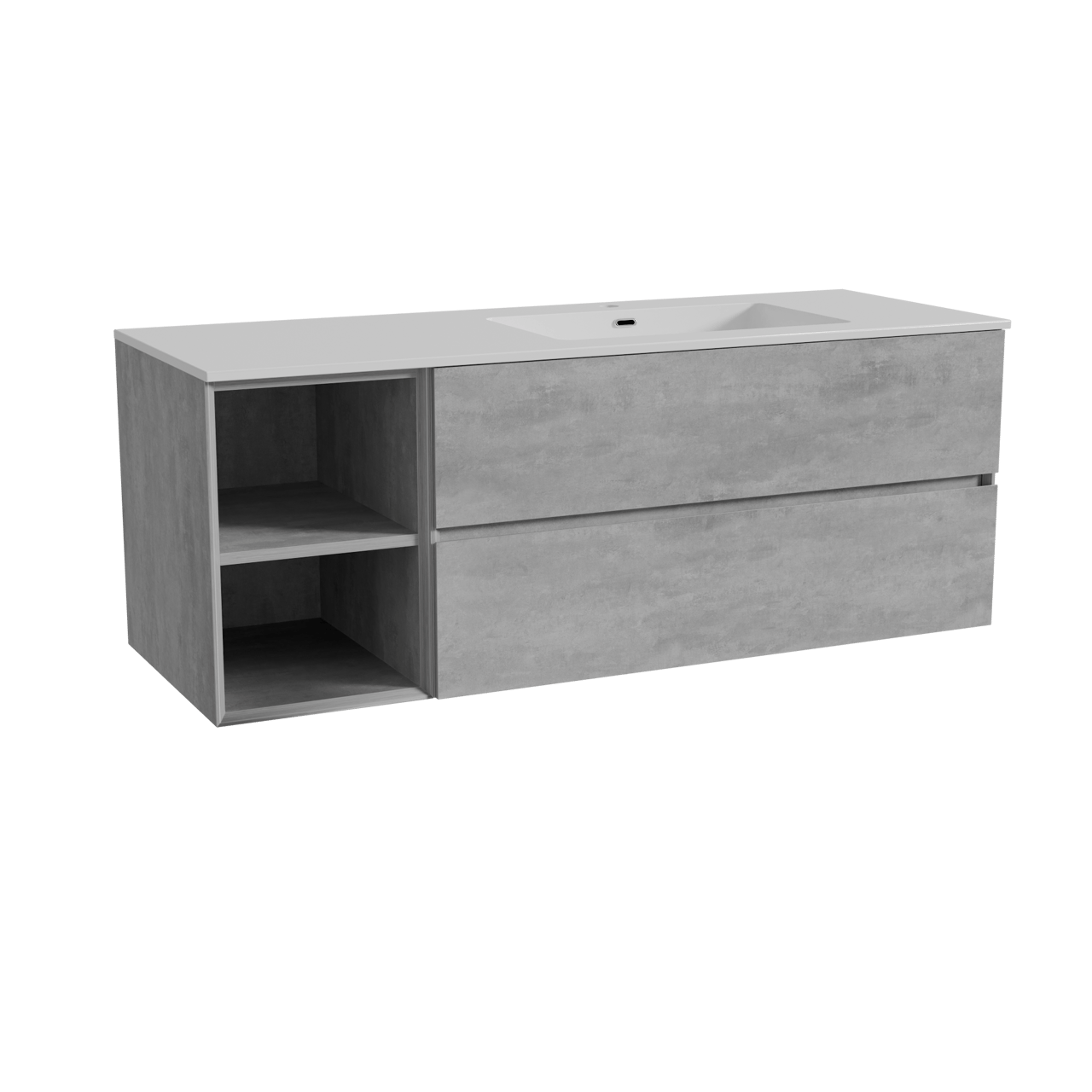 Storke Edge zwevend badkamermeubel 140 x 52 cm beton donkergrijs met Diva asymmetrisch rechtse wastafel in composietmarmer glanzend wit