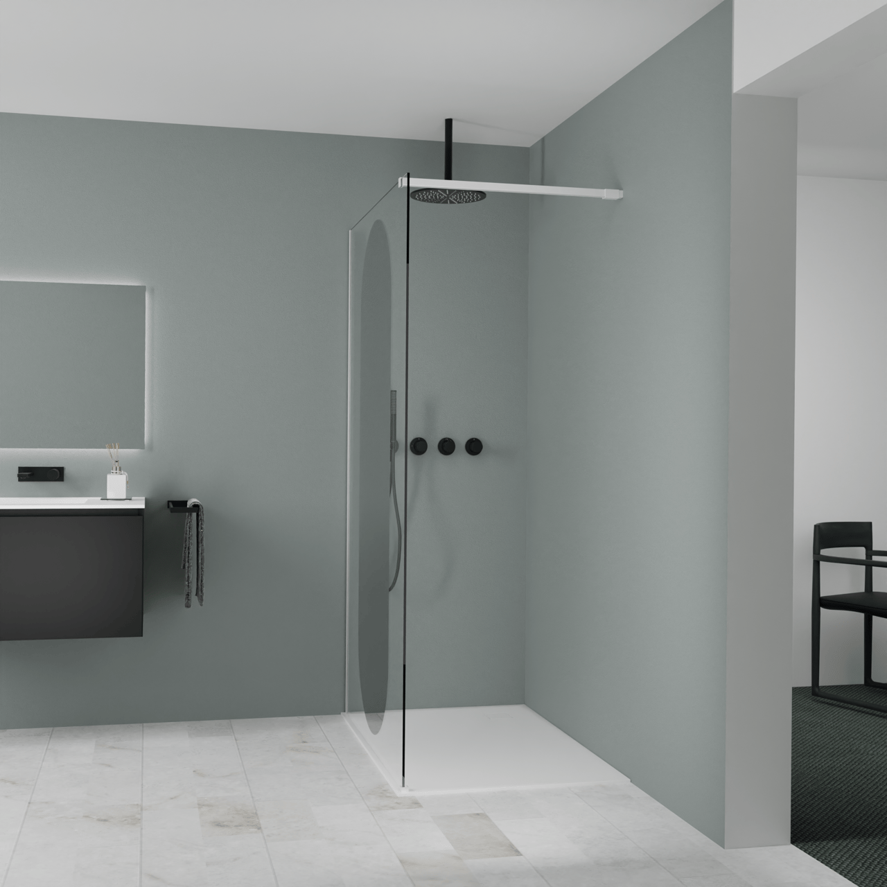 Balmani Modular douche à l'italienne: 120 x 200 cm, Miroir reflex ovale, Profil Blanc mat
