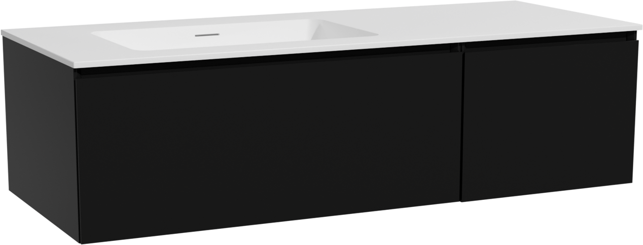 Storke Edge zwevend badkamermeubel 130 x 52 cm mat zwart met Mata asymmetrisch linkse wastafel in solid surface mat wit