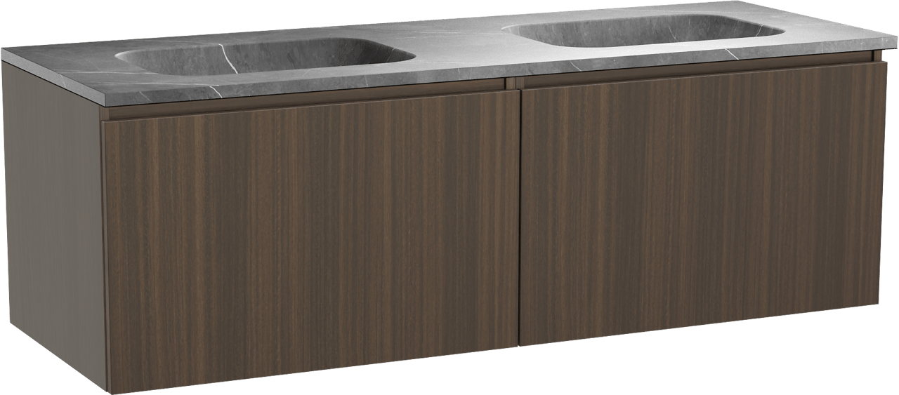 Balmani Sfera by Lucida zwevend badmeubel 150 x 55 cm eucalyptus met Tablo Arcato dubbele wastafel in marmer pietra grey