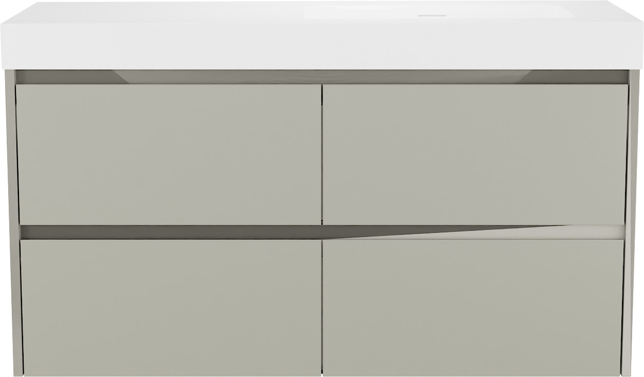 Storke Seda zwevend badkamermeubel 120 x 52 cm zijdegrijs met Mata High asymmetrisch rechtse wastafel in solid surface mat wit