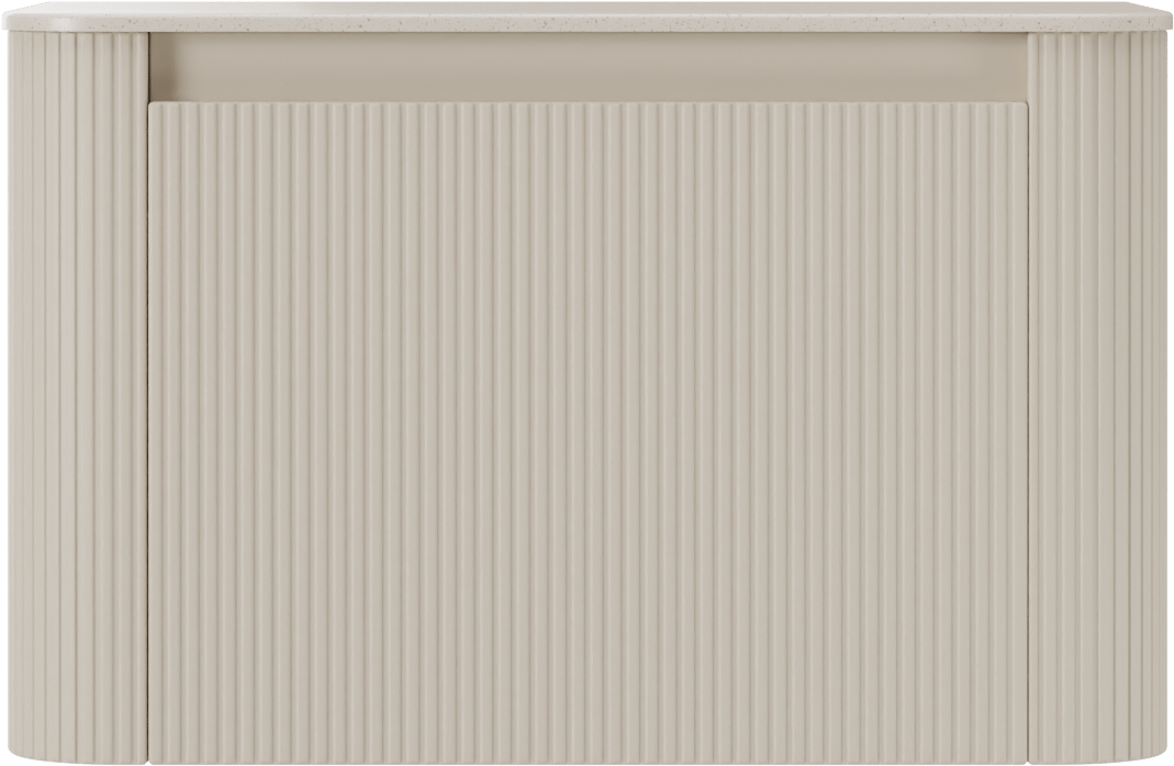 Storke Soft hängendes Möbelstück Set: 80 x 46 cm, Sand Matt, mit Tavola Soft Einzelwaschtischplatte Solid Surface Beige Granit, Vertikale symmetrische gerade Rippe