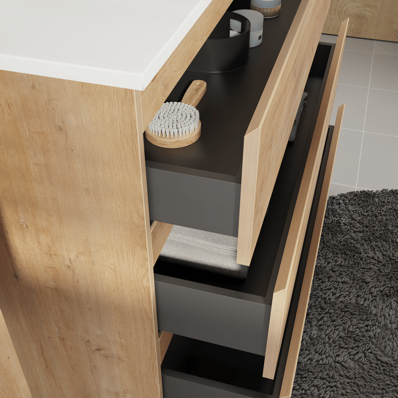 Linie Lado freistehendes Möbelstück Set: 100 x 46 cm, Naturbelassene Eiche, mit Vano Einzelwaschtisch, Marmorkomposit Weiß glänzend