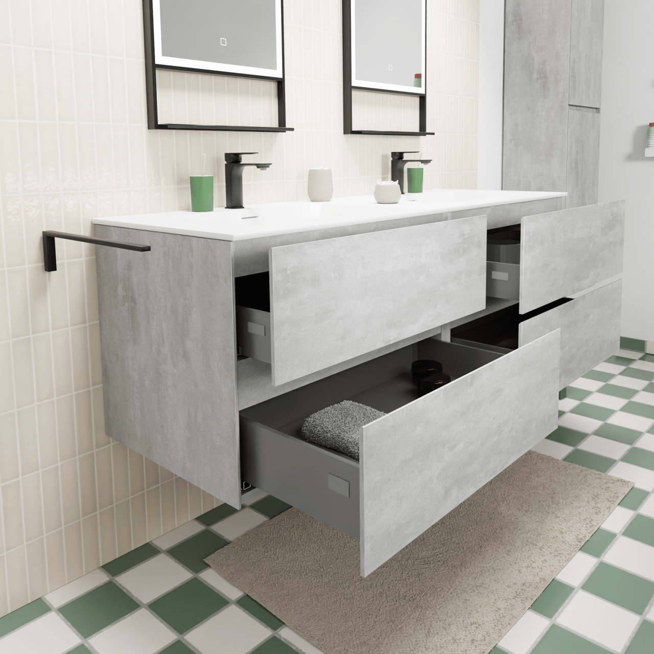 Storke Edge zwevend badkamermeubel 150 x 52 cm beton donkergrijs met Mata dubbele wastafel in solid surface mat wit