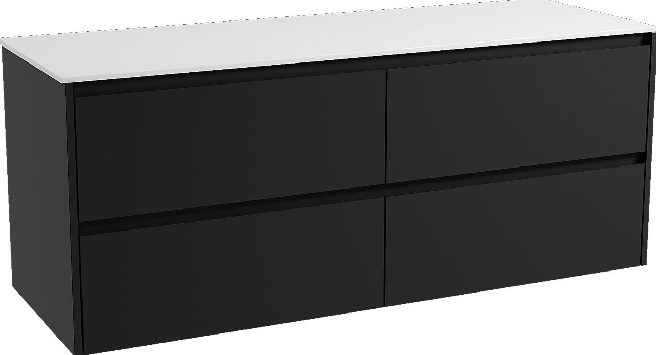 Storke Seda zwevend badkamermeubel 150 x 52 cm mat zwart met Tavola enkel of dubbel tablet in solid surface mat wit