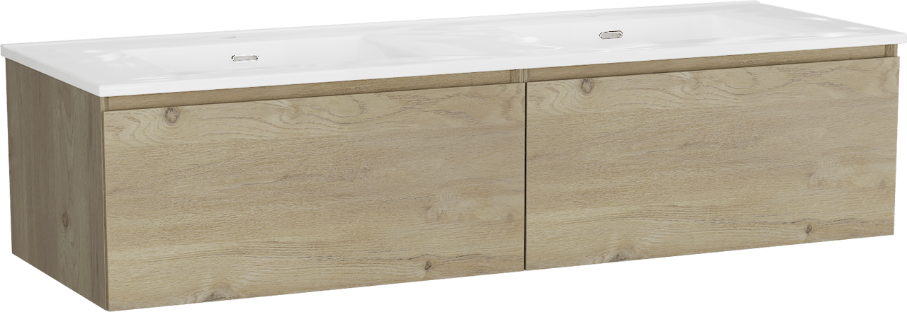 Storke Edge zwevend badkamermeubel 150 x 52 cm ruwe eik met Kera dubbele wastafel in porselein hoogglans wit, afvoerpluggen inbegrepen